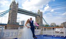 Bride, groom, tower, bridge, wedding, boat