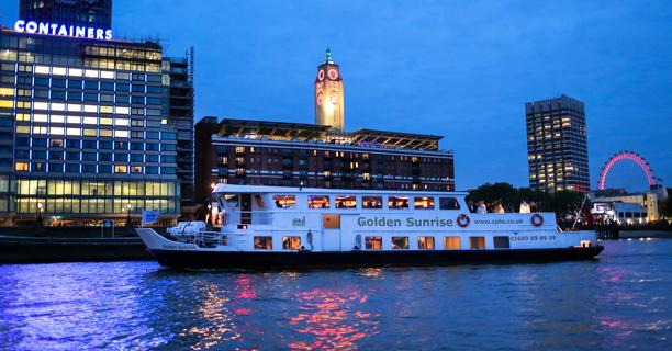 Golden Sunrise party boat by the Oxo Tower in London